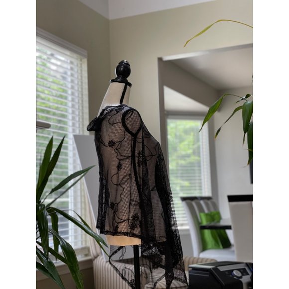 Women's Kimono Top Beach Cover Up V Neck Sheer Fishnet Mesh Black One Size - Picture 3 of 12